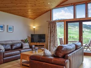 a living room with a leather couch and a television at Glengoulandie Lodge in White Bridge