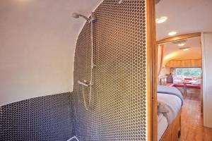 a bathroom with a shower and a bed in a room at The Airstream in Penryn