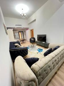 a living room with a couch and a television at City centre Apartment in Esenyurt