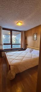 een slaapkamer met een groot bed en een groot raam bij Home Vetta Bianca Le Volpi Marilleva 1400 in Marilleva