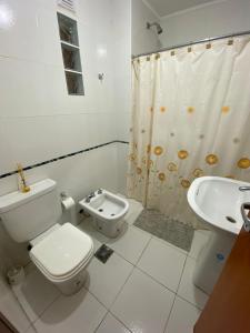 a bathroom with a toilet and a sink and a shower at Departamento Arbo y Blanco in Resistencia