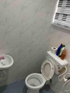 La salle de bains est pourvue de toilettes blanches et d'un lavabo. dans l'établissement GS HOMES, à Lagos