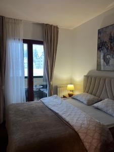 una camera d'albergo con due letti e una finestra di Sweet Apartments a Žabljak