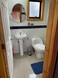 een badkamer met een toilet, een wastafel en een spiegel bij Cabañas Camahueto in Chonchi