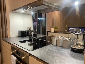 a kitchen with a counter top with a counter sidx sidx sidx sidx at New Modern Apartment near Heathrow Airport in Yiewsley
