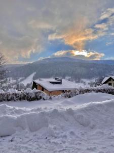 una casa nella neve con un terreno ricoperto di neve di Karolinka Guest House a Szczyrk