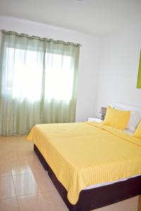 een slaapkamer met een geel bed en een raam bij Taninho in Santa Maria