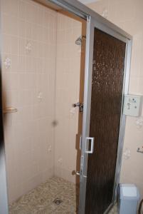 a shower with a glass door in a bathroom at Hotel Domstad in Utrecht
