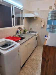 una pequeña cocina con fregadero y lavavajillas en Departamento Eduardo en San Bernardo