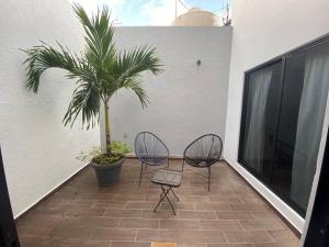 トゥストラ・グティエレスにあるDepartamento Maderasのバルコニー(椅子2脚、ヤシの木付)