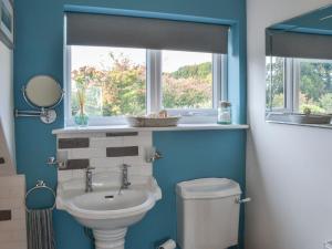 a bathroom with a toilet and a sink and a window at Quarrymans Cottage in Belford