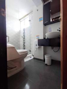 通哈的住宿－Apartamentos Casa MJ Tunja，一间带水槽和卫生间的浴室