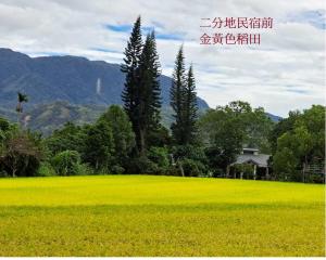 a field of green grass with a house in the background at Erfen De Homestay in Guanshan