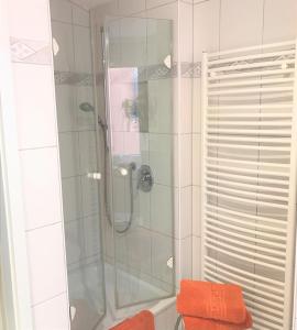 La salle de bains est pourvue d'une douche avec une porte en verre. dans l'établissement Ferienwohnungen Traumseeblick SofieAmSee, à Meersburg