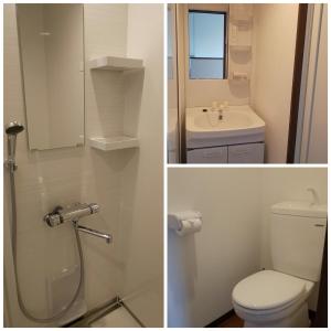 two pictures of a bathroom with a toilet and a sink at They are NOT HOUSE - Vacation STAY 86998 in Okinawa City