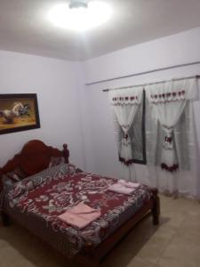 El Carmen的住宿－Apartamentos Naomi 1B，一间带床的卧室,位于带窗帘的房间