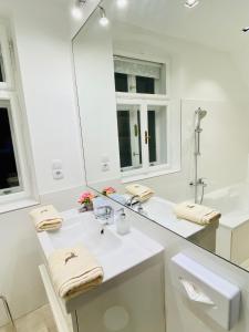 a white bathroom with a sink and a mirror at Mariazeller Alpen Chalet in Mariazell