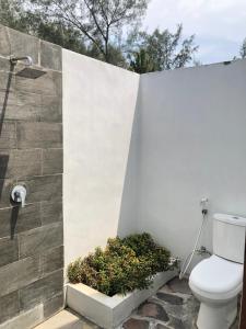 bagno con servizi igienici accanto a un muro di Laba Laba Bungalow a Gili Meno