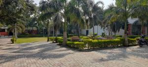 a park with palm trees and benches and a building at Ashoka Resort & Banquets in Begusarai
