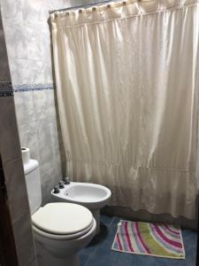 a bathroom with a toilet and a shower curtain at J & S Casa de Alquiler Temporario in Santiago del Estero