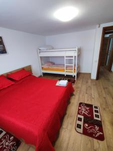 1 dormitorio con 1 cama con colcha roja en Casa Daiana - Toplița, en Topliţa