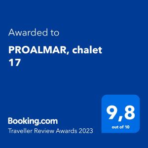 Certifikát, ocenenie alebo iný dokument vystavený v ubytovaní PROALMAR, chalet 17