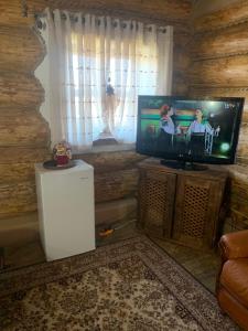 a living room with a flat screen tv in a log cabin at Popas Regal 