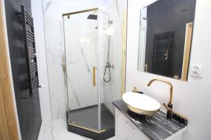 a bathroom with a glass shower and a sink at Apartament Przytulny in Szczawno-Zdrój +13 photos