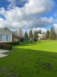 a yard with green grass and a house at Beautiful peaceful desirable home in Madera Rancho in Madera