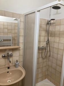 a bathroom with a shower and a sink at Penzion Breuer in Jablonec nad Jizerou