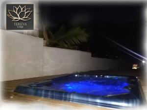 a blue swimming pool in a room with a plant at Téréva Lodge - La villa de standing in Cilaos