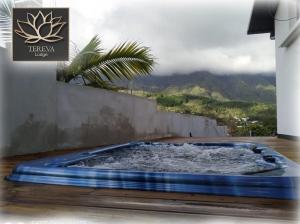 uma banheira de hidromassagem no meio de uma sala com uma montanha em Téréva Lodge - La villa de standing em Cilaos