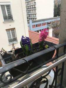 eine Fensterbox mit Blumen auf dem Balkon in der Unterkunft Sweet Room 15 in Paris