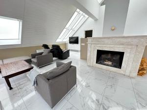 a living room with a couch and a fireplace at Big Villa centrally located in Reykjavik in Reykjavík