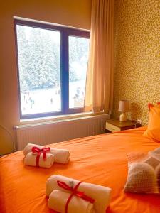 a bedroom with two towels on a bed with a window at Hotel Forest Star on the Ski Slope in Borovets