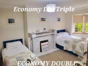 um quarto com duas camas e uma lareira em AVALON HOUSE em Galway