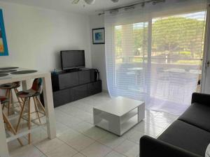 Televiisor ja/või meelelahutuskeskus majutusasutuses Studio dans résidence piscine 500m de la plage 2**