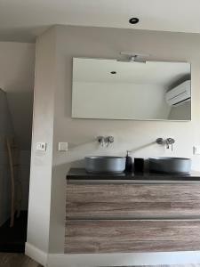 a bathroom with two sinks and a mirror at Torenzicht in Kapelle