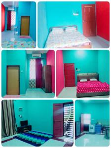 um grupo de quatro fotografias de um quarto com uma cama em Sobey Laris Homestay KAYDEE em Pasir Mas
