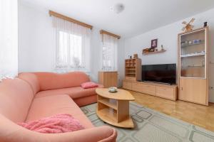 a living room with a pink couch and a tv at Apartma Ana in Preserje