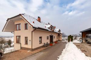 a house with a snow covered roof on a street at Apartma Ana in Preserje