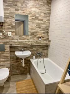 a bathroom with a sink and a tub and a toilet at Apartmány Skala in Příbram