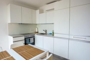 ウィーンにあるCentral Living Apartments - Belvedereの白いキッチン(白いキャビネット、テーブル付)