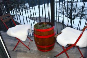 Dos sillas y un barril con una planta. en Holiday House Vikend, en Polzela 33 fotos más