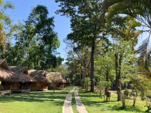 a path leading to a village with thatched roofs at Baan Pai Riverside Resort in Pai