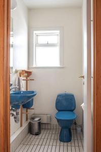 a bathroom with a blue toilet and a sink at The Holiday Houses by Stay Iceland in Kirkjubæjarklaustur