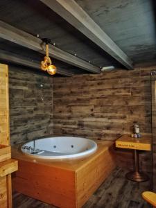 a bath tub in a room with wooden walls at Relais Totì BeB bed e breakfast in Mogliano Veneto