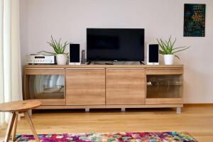 a wooden entertainment center with a television and speakers at Modern Apartment, central in Bad Aibling in Bad Aibling