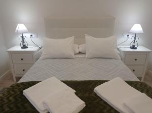 a bedroom with a bed with white pillows and two lamps at PISO BENITO in Ourense