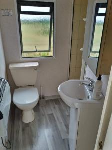 a bathroom with a toilet and a sink and a window at domek holenderski in Kołczewo